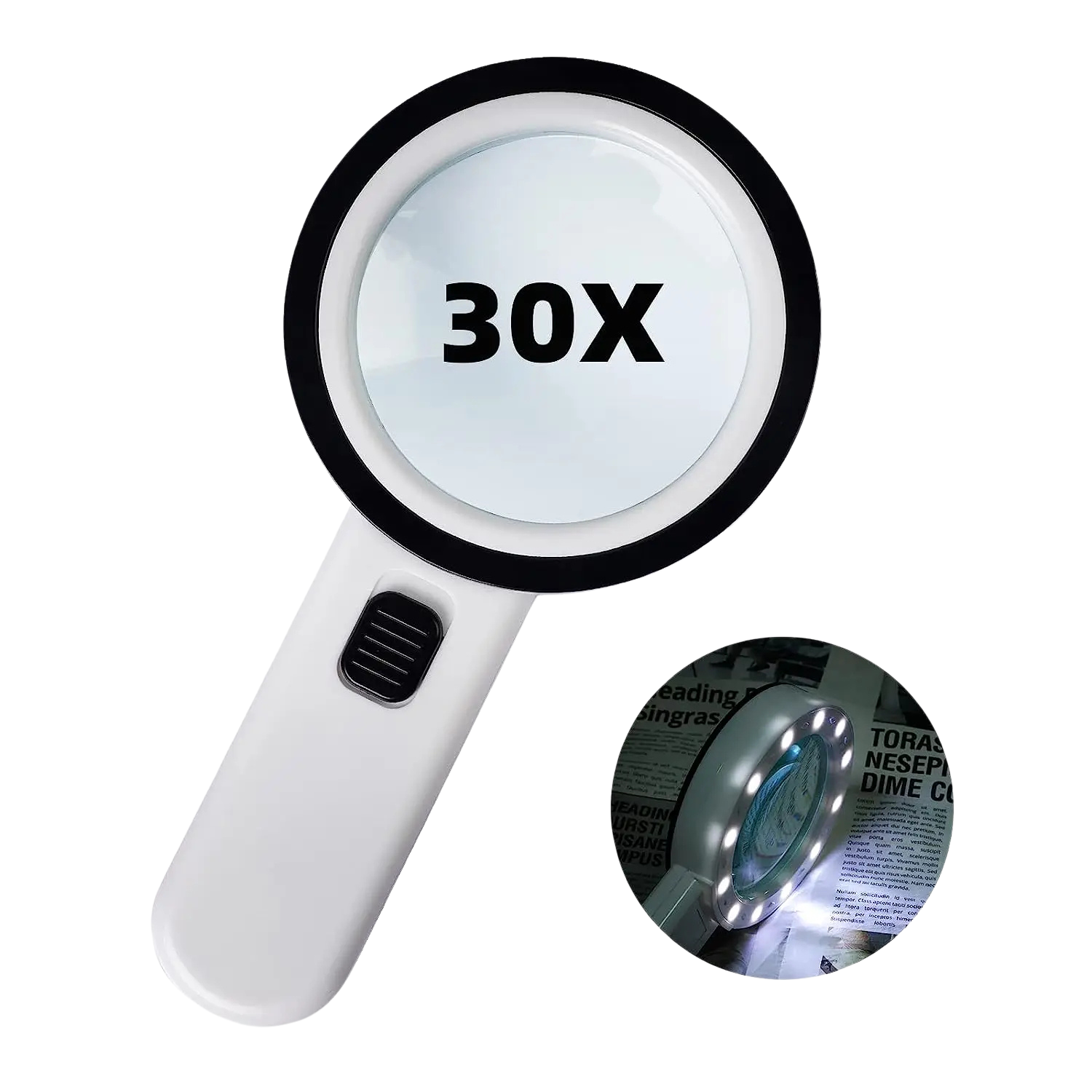 Handheld magnifying glass with 30x magnification and light feature, inset showing use on small text.