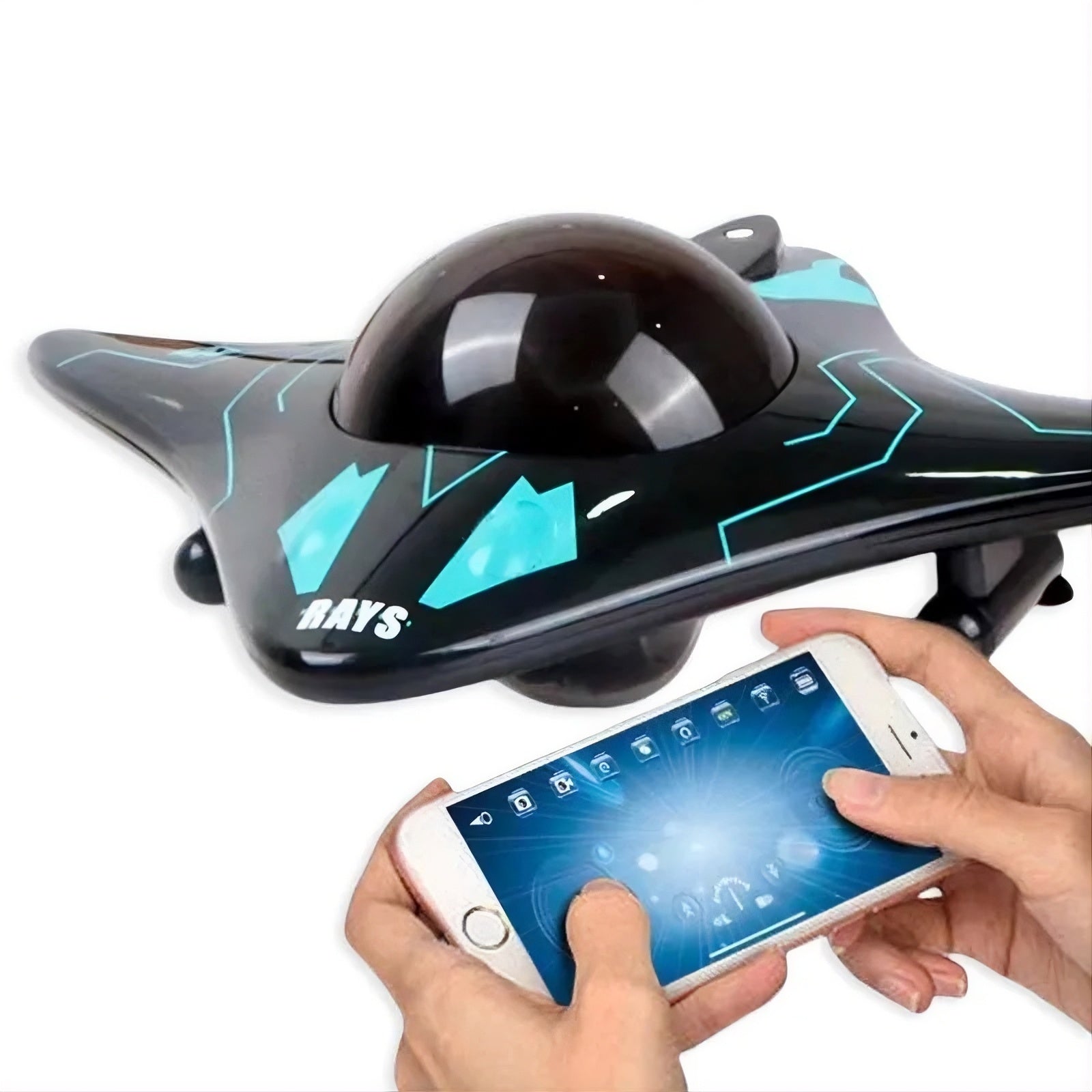 Toy spaceship with a smartphone control interface on a white background